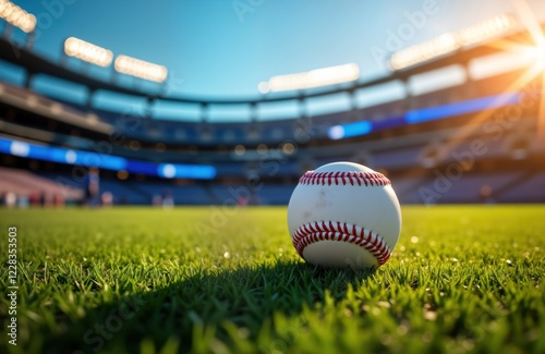 Baseball ball on vibrant green grass in stadium at sunset. Stadium lights, sky visible. Energetic sport event. Exciting night game. Major League Baseball atmosphere. Los Angeles Dodgers Stadium photo