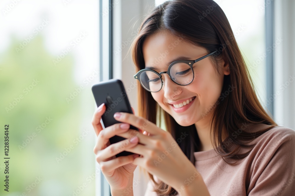 A Young Woman with Glasses Joyfully Using a Smartphone by a Window, Enjoying a Moment of Connection and Happiness in a Bright Indoor Space A Young Woman with Glasses Joyfully Using a Smartphone by a Window, Enjoying a Moment of Connection and Happiness in a Bright Indoor Space
