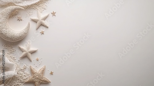 Crescent moon, stars, beads on white for baby announcement backdrop