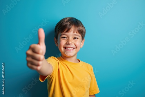 A cheerful young boy with short brown hair wearing a yellow t-shirt smiles brightly while giving a thumbs-up gesture against a vibrant blue background.