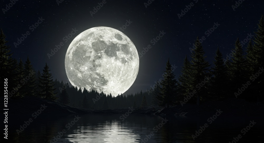 Full moon illuminating a serene lake surrounded by tall pine trees Full moon illuminating a serene lake surrounded by tall pine trees