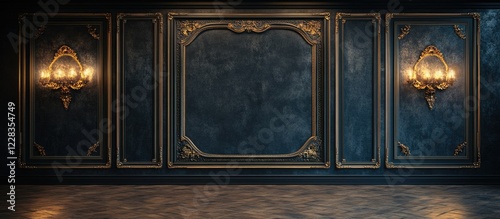 Opulent Dark Blue Room with Gold Accents and Wall Paneling