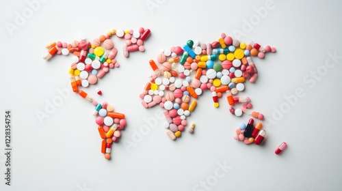 An abstract representation of a world map made of pills and medical instruments, set against a white background, Minimalist style