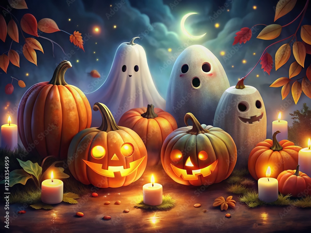 Spooky Halloween Hand-Drawn Ghosts & Pumpkins - Low Light Photography Stock Photo Spooky Halloween Hand-Drawn Ghosts & Pumpkins - Low Light Photography Stock Photo