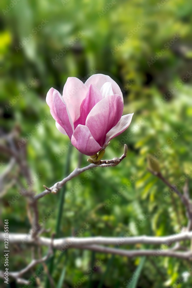 Beautiful Magnolia blossom against bokeh of green foliage Beautiful Magnolia blossom against bokeh of green foliage