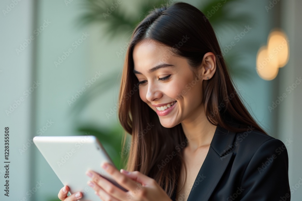 Fototapeta premium Smiling Young Woman Engaged with Tablet in Modern Workspace Surrounded by Greenery, Showcasing Digital Interaction and Professionalism in a Bright Environment