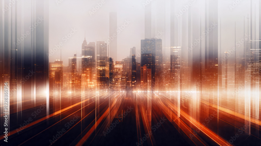 Fototapeta premium The city skyline glows with warm light as dusk settles in, showcasing tall buildings amidst streaks of light from passing vehicles, creating a lively urban environment - Generative AI