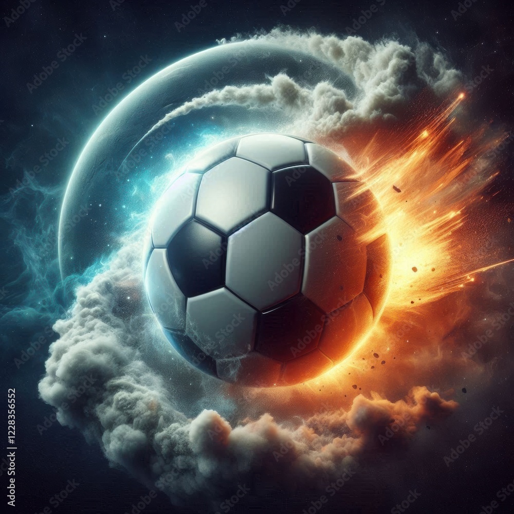 Fototapeta premium a photo realistic soccer ball as a planet in space with smoke and explosions, digital art