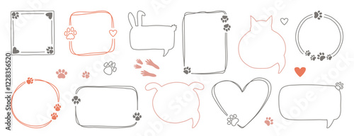 Line frame with cute pet doodle silhouettes and paw footprints design and copy space collection