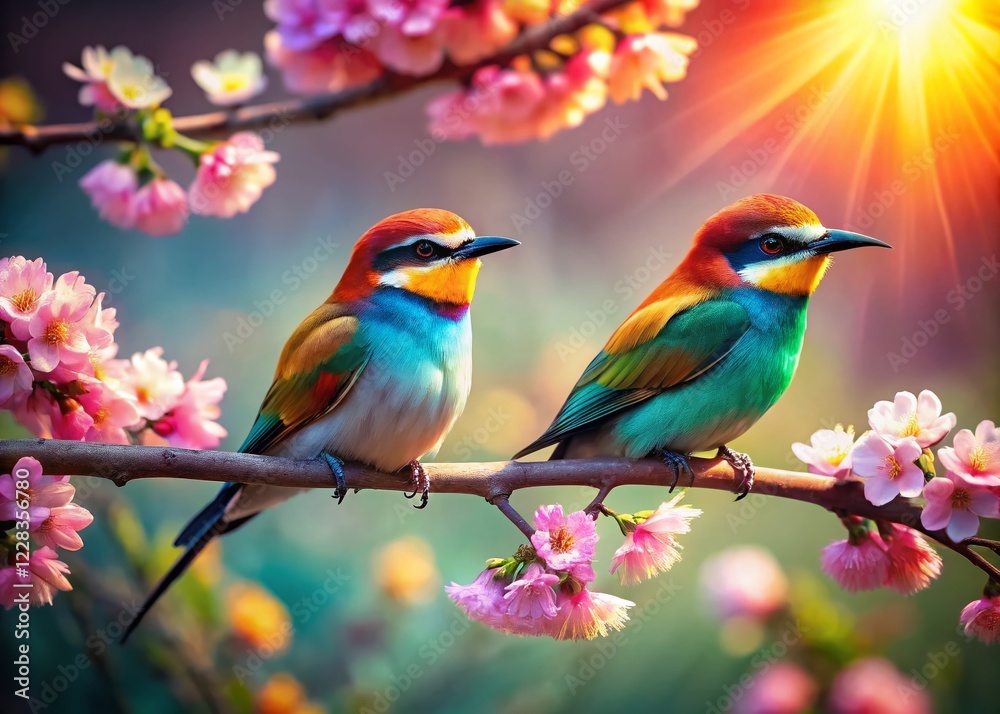 Springtime Birds on Blooming Branch - Vibrant Nature Photography Springtime Birds on Blooming Branch - Vibrant Nature Photography