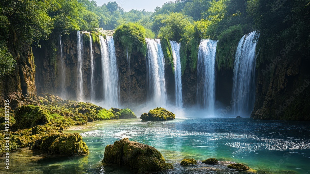 Obraz premium Lush Waterfall Cascade in Green Forest