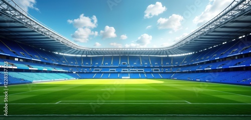 Empty blue stadium with green grass field. Sunny day with clouds. Large structure. Modern design. Sports arena. Suitable for football or soccer fans. Great for presentations about sports venues.