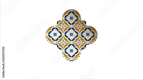 Moving traditional colorful arabic pattern. Azulejo, Moroccan tile through cut out arabesque ornamental mosque window. White background. Ramadan, Eid ul Fitr graphic animation, loopable islamic design