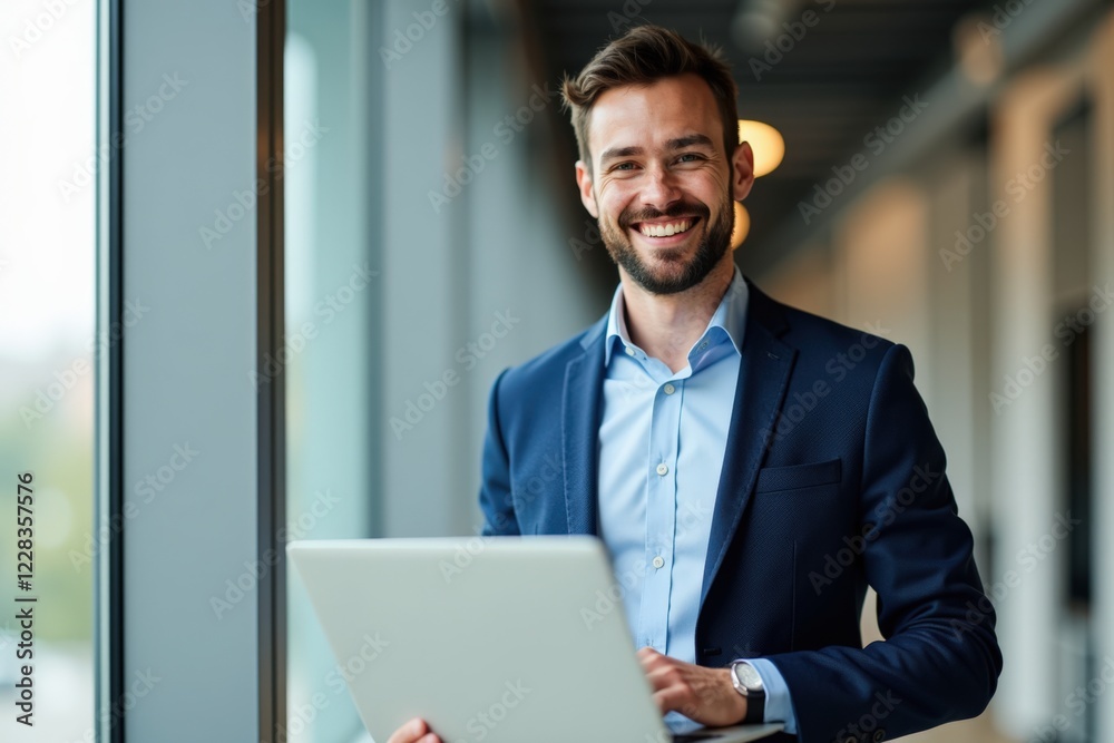 A Confident Young Businessman Smiling and Working on a Laptop While Standing by a Window in a Modern Office Environment A Confident Young Businessman Smiling and Working on a Laptop While Standing by a Window in a Modern Office Environment