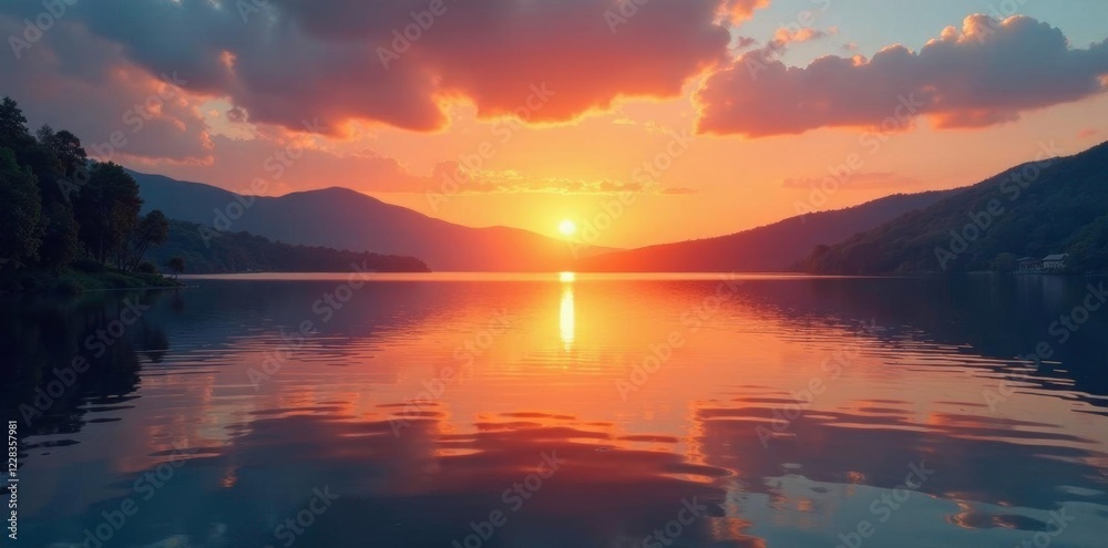 Fototapeta premium Softly rippling lake surface mirrors a stunning orange sunset sky, gentle, lake, sunset