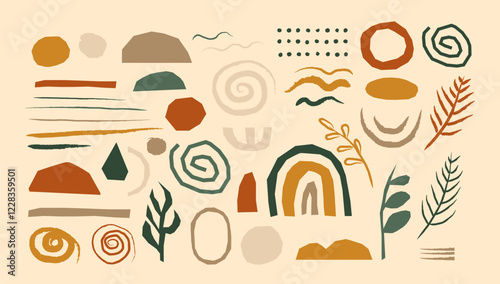 Whimsical simple modern abstract shapes collection with scribble geometric form, natural elements