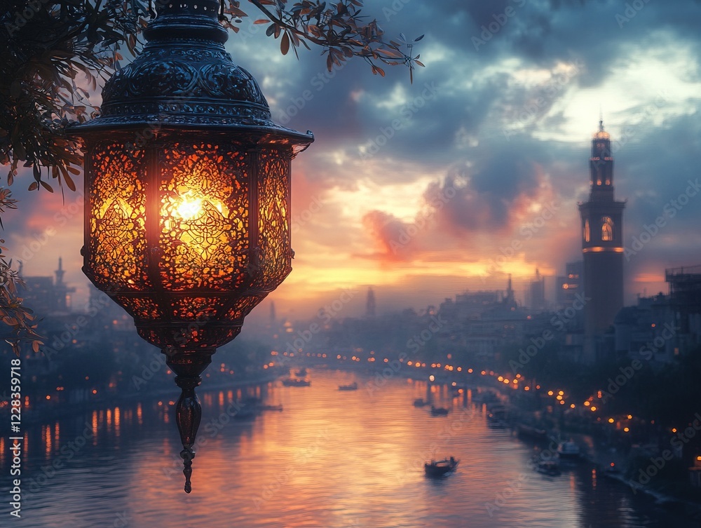 Lit ornamental lamp over a river with city buildings at sunset. Possible use wallpaper Lit ornamental lamp over a river with city buildings at sunset. Possible use wallpaper