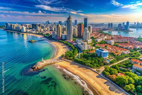 Stunning Aerial View of Qingdao Coastline, Shandong Province, China: Beaches, Skyline & Ocean
