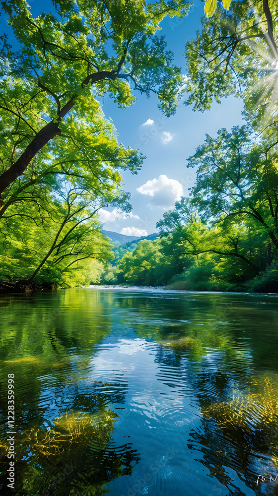 Tranquil River Amidst Lush Forests Reflecting Sky: A Serene Natural Landscape of Pure Wilderness Tranquil River Amidst Lush Forests Reflecting Sky: A Serene Natural Landscape of Pure Wilderness