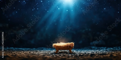 Divine light illuminating empty manger at night spiritual scene peaceful atmosphere serene viewpoint