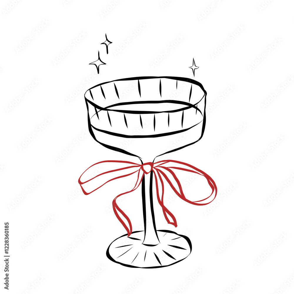 Glass of champagne or wine. Hand drawn line art of coquette aesthetic element. Drink with ribbon and bow in crayon and sketch. La dolce vita italian style. Outline vector illustration Glass of champagne or wine. Hand drawn line art of coquette aesthetic element. Drink with ribbon and bow in crayon and sketch. La dolce vita italian style. Outline vector illustration