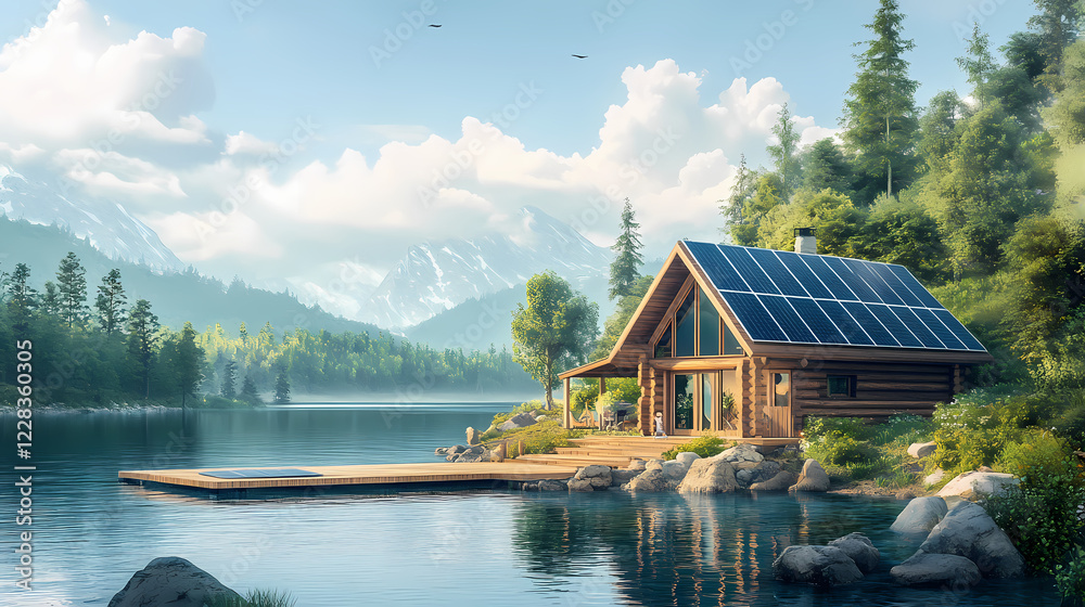 Fototapeta premium A charming lakeside cottage with solar panels on the roof and dock, reflecting a commitment to sustainability and serene living. Solar Fjord. Illustration