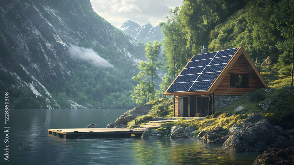 Fototapeta premium A charming lakeside cottage with solar panels on the roof and dock, reflecting a commitment to sustainability and serene living. Solar Fjord. Illustration