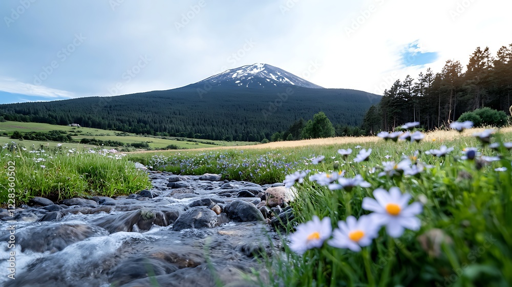 Fototapeta premium Mountain stream, wildflowers, meadow, volcano backdrop, nature scene
