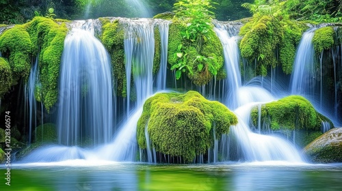 Lush Waterfall Cascades in Forest, Tranquil Nature Scene, Peaceful Background, Ideal for Relaxation