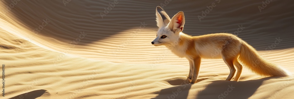 Small fennec fox with large ears standing on sand dune in desert environment, illuminated by warm sunlight, showcasing its unique features and adaptation to arid climate