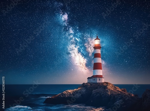Lighthouse Illuminating Evening with Vibrant Sky and Calm Ocean photo