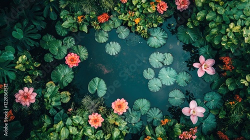 Aerial View of a Lush Tropical Garden Pond with Blooming Lotus Flowers