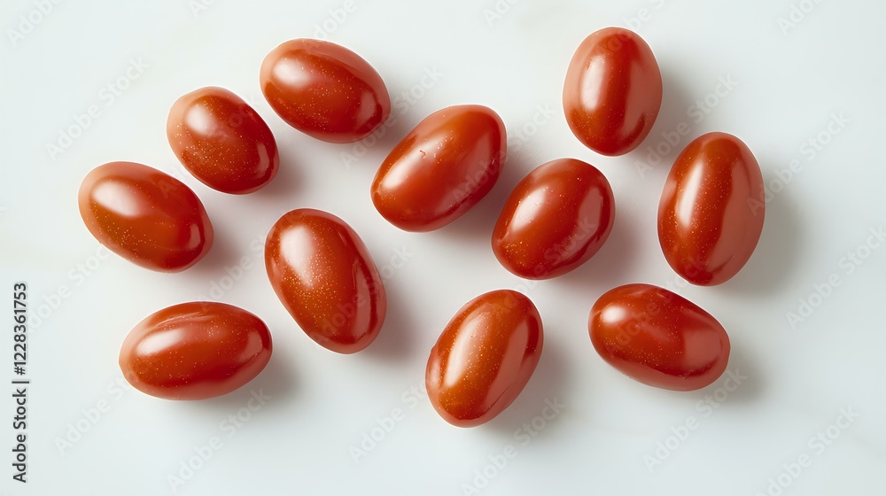 Fresh red grape tomatoes scattered on white background, organic produce arrangement for healthy eating and cooking concepts. Isolated overhead view. Fresh red grape tomatoes scattered on white background, organic produce arrangement for healthy eating and cooking concepts. Isolated overhead view.