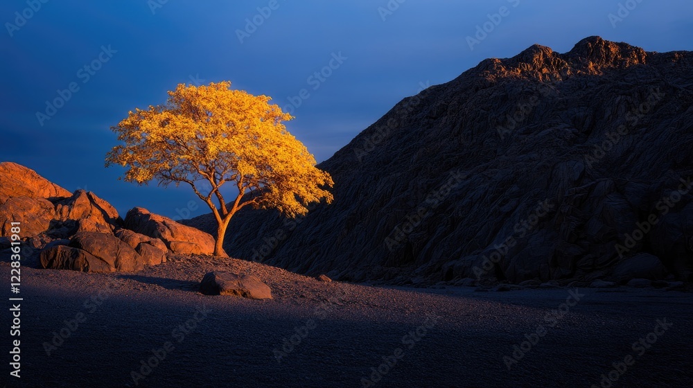 Obraz premium Golden tree sunset desert landscape, solitude, nature photography, travel postcard