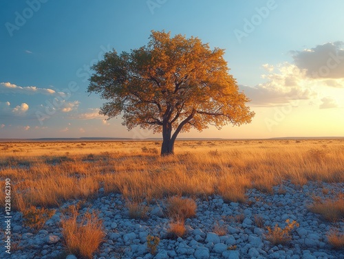 Lone tree stands tall in golden field under a sunset sky with soft clouds