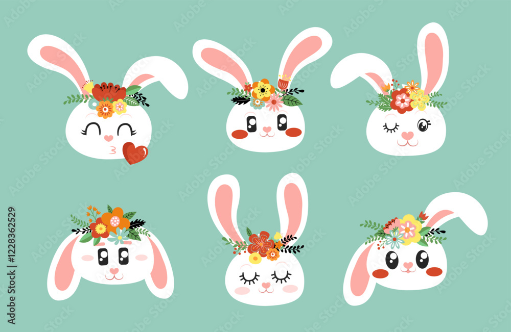 Set of adorable bunnies. Different cute emotions of bunnies with flower crowns. Isolated vector cartoons. Set of adorable bunnies. Different cute emotions of bunnies with flower crowns. Isolated vector cartoons.
