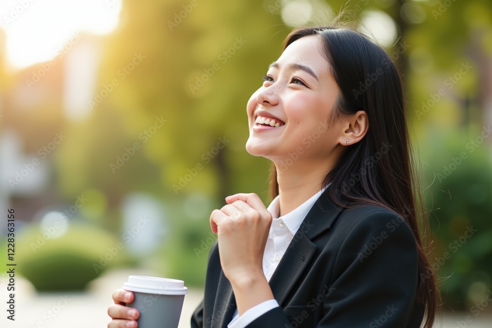 A Joyful Moment: A Smiling Young Asian Woman in Business Attire Enjoying a Coffee Outdoors During Golden Hour in a Park Setting A Joyful Moment: A Smiling Young Asian Woman in Business Attire Enjoying a Coffee Outdoors During Golden Hour in a Park Setting