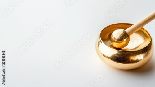 Golden singing bowl with wooden mallet on white background