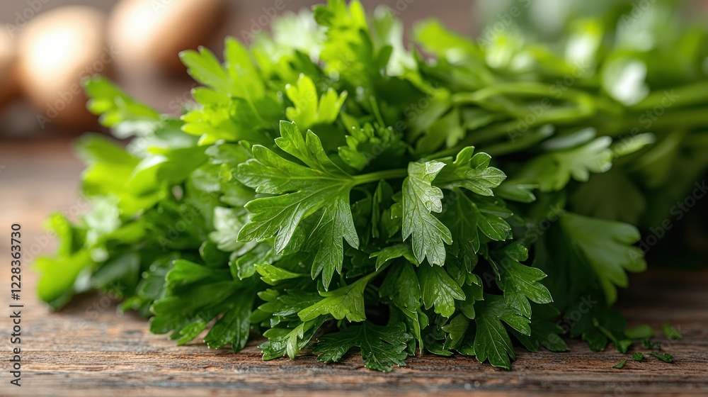 Fresh parsley bunch on wood, kitchen, cooking Fresh parsley bunch on wood, kitchen, cooking