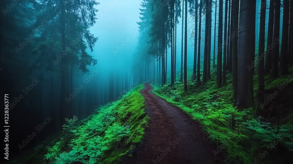 Fototapeta premium Serene forest path winding through lush greenery under a misty atmosphere at dawn