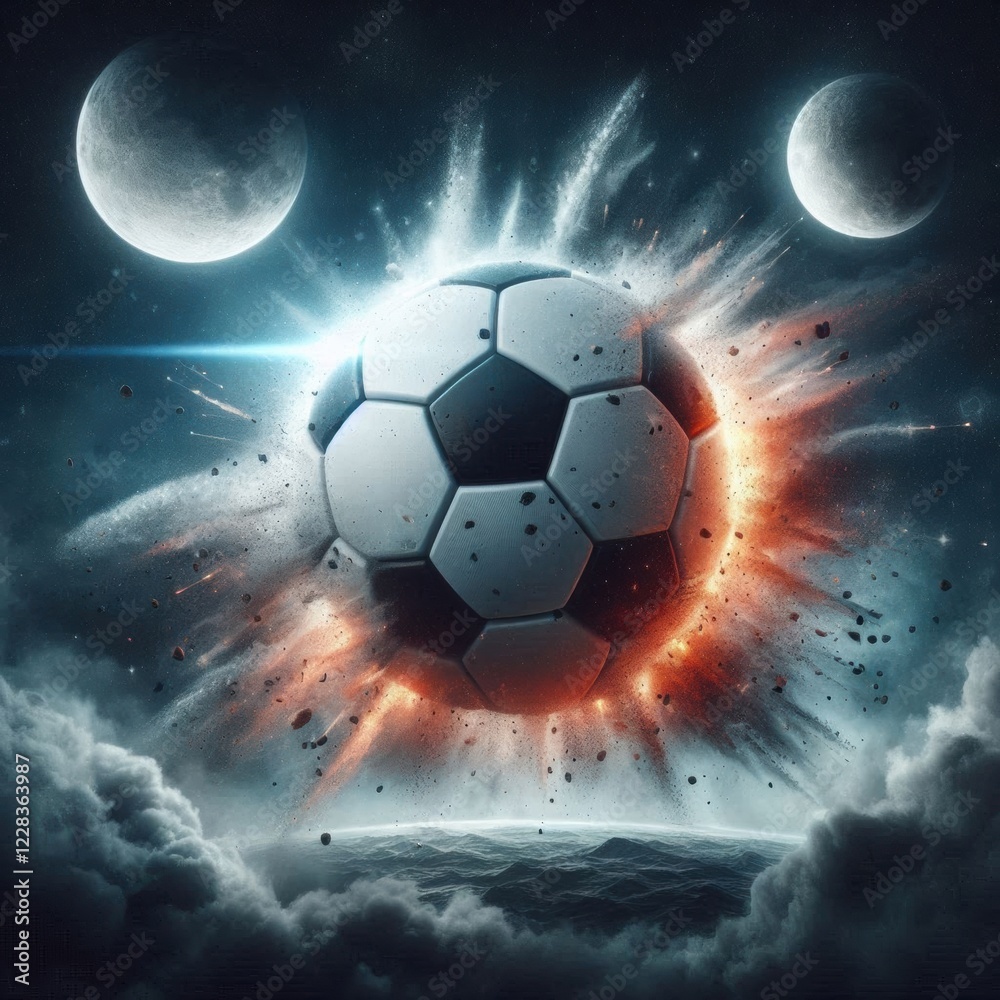 Naklejka premium a photo realistic soccer ball as a planet in space with smoke and explosions, digital art