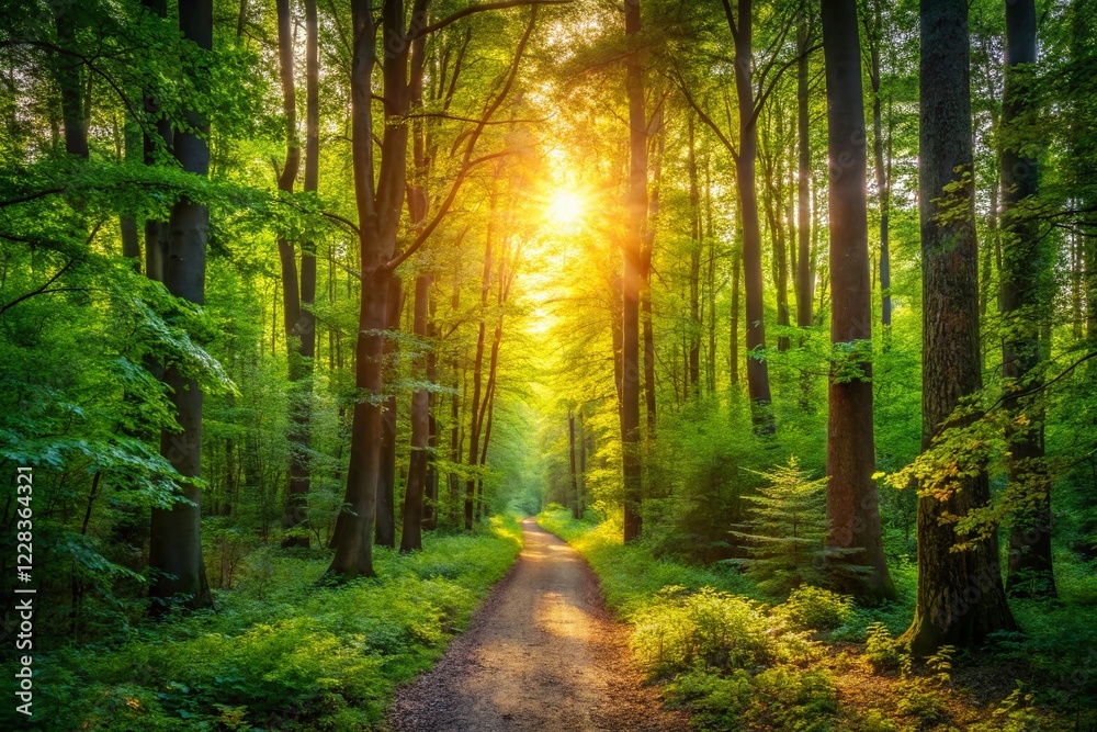 Obraz premium Sunlit Forest Path: Minimalist Nature Photography