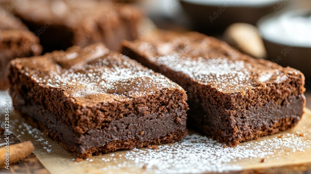 Fudgy brownies with powdered sugar on parchment paper, kitchen setting Fudgy brownies with powdered sugar on parchment paper, kitchen setting