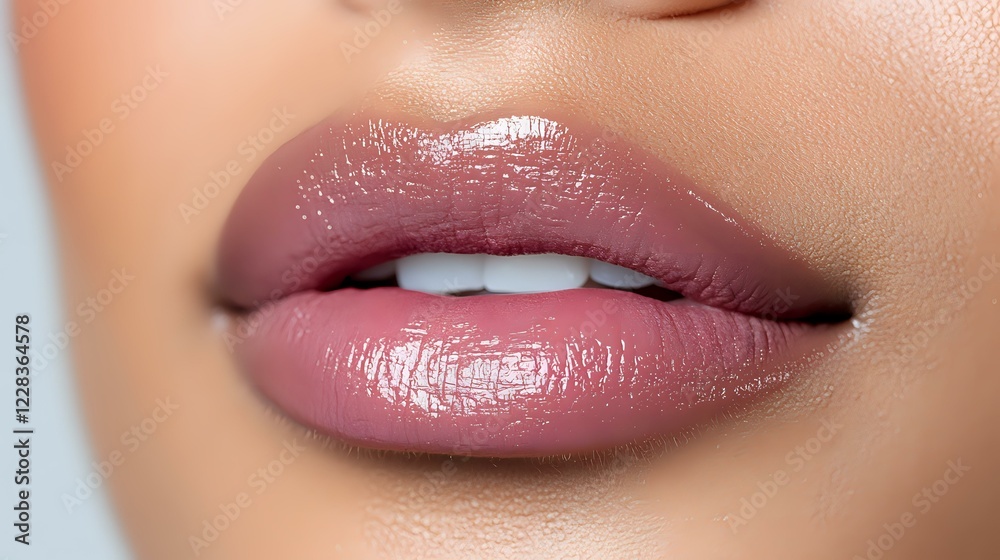 Fototapeta premium Close up of plump glossy lips with natural pink nude lipstick showing professional makeup application technique for beauty and cosmetic industry.