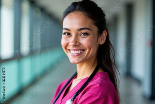 A Smiling Female Healthcare Professional in Scrubs, Exuding Positivity and Confidence While Standing in a Bright Hospital Corridor