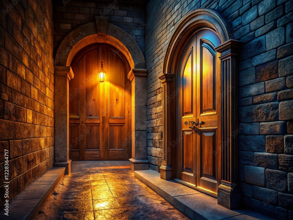 Fototapeta premium Sunlit Wooden Doorway to Mystical Stone Hallway - Night Photography Stock Photo