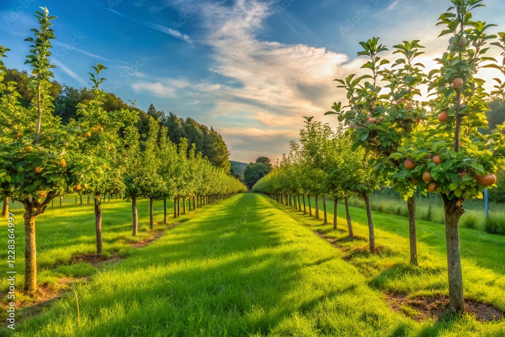 Obraz premium Sunny South Limburg Orchard: Young Fruit Trees Growing in Lush Green Grass