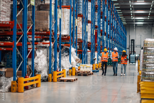 Bild auf Leinwand Warehouse workers walking and discussing logistics in a storage facility