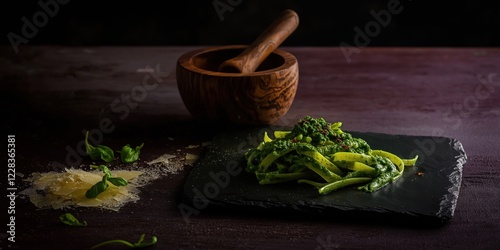 Short twisted trofie pasta with al pesto genovese on a dark slate board with ingredients in the background