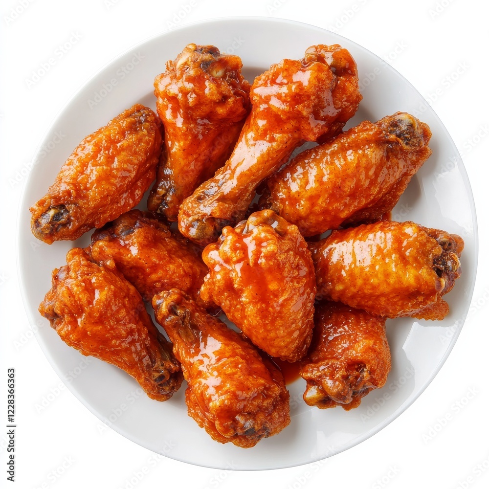 A plate of crispy chicken wings with buffalo sauce, isolated white background, hyperrealism art style A plate of crispy chicken wings with buffalo sauce, isolated white background, hyperrealism art style